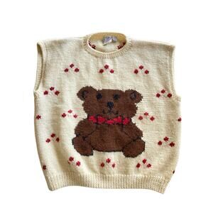 Vintage 80s 90s JG Hook Teddy Bear Preppy Hand knit Cream Wool Sweater Vest